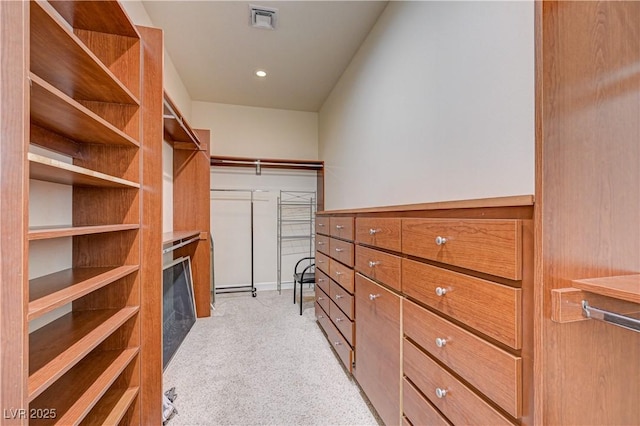 walk in closet featuring light carpet