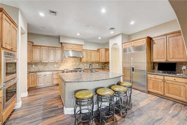 kitchen featuring sink, light stone counters, appliances with stainless steel finishes, dark hardwood / wood-style flooring, and a kitchen island with sink