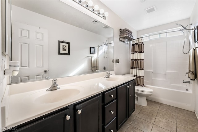 full bathroom featuring tile patterned flooring, shower / bath combo, vanity, and toilet