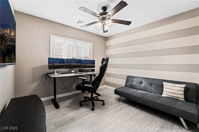 office area featuring ceiling fan and light hardwood / wood-style flooring