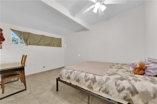 bedroom featuring light tile patterned flooring, vaulted ceiling with beams, and ceiling fan