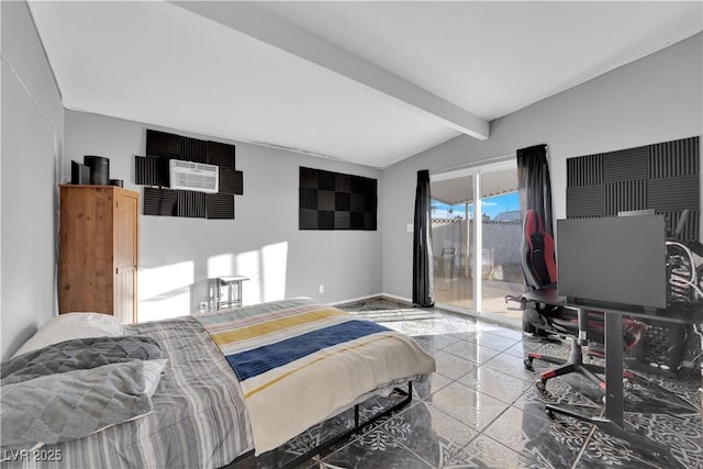 tiled bedroom featuring lofted ceiling with beams and access to outside