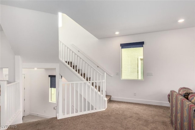 staircase featuring carpet flooring