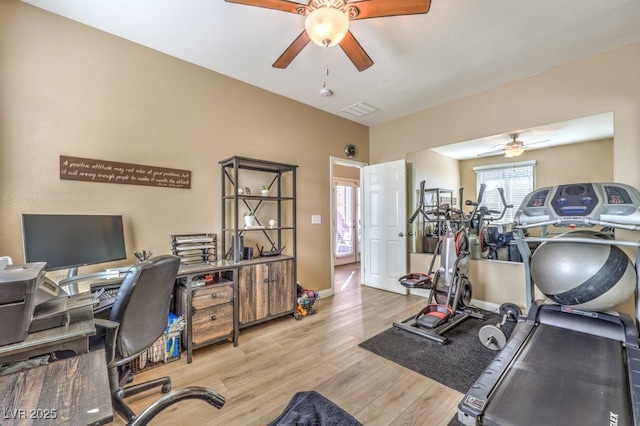 interior space with ceiling fan and light hardwood / wood-style floors