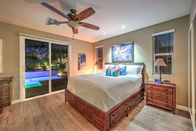 bedroom featuring ceiling fan, light hardwood / wood-style floors, and access to outside