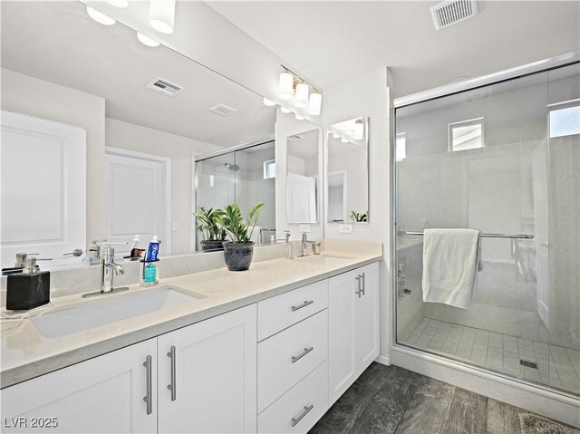 bathroom with vanity and a shower with shower door