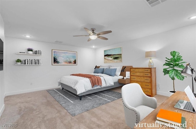 bedroom with carpet flooring, baseboards, recessed lighting, and a ceiling fan