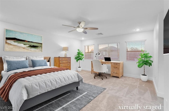 bedroom featuring light colored carpet, baseboards, an office area, recessed lighting, and ceiling fan