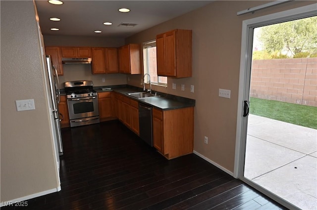 kitchen featuring appliances with stainless steel finishes, dark hardwood / wood-style floors, and sink