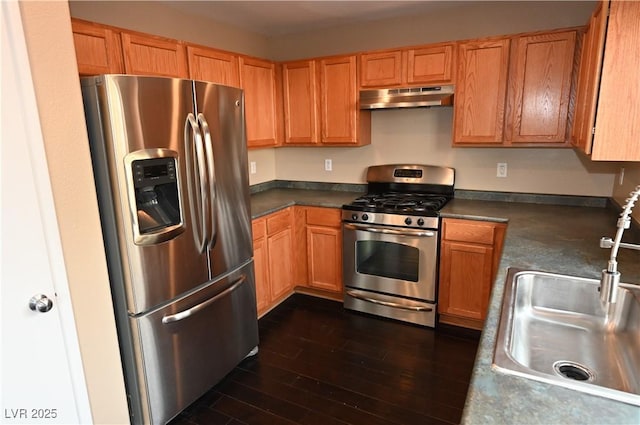 kitchen featuring sink, dark wood-type flooring, and stainless steel appliances