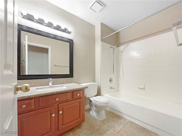 full bathroom featuring shower / washtub combination, vanity, tile patterned floors, and toilet