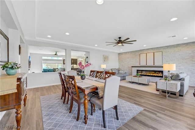 dining area with light hardwood / wood-style flooring and ceiling fan