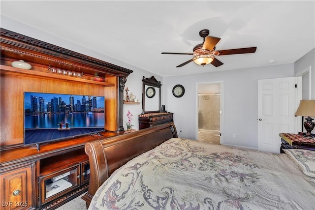 bedroom with ceiling fan and ensuite bathroom