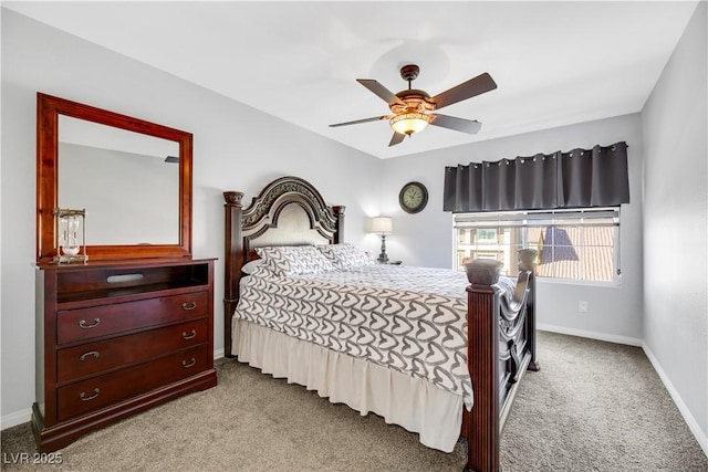 bedroom with light colored carpet and ceiling fan