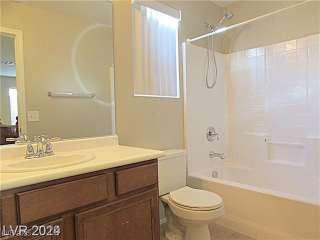 full bathroom with vanity, toilet, tile patterned floors, and  shower combination