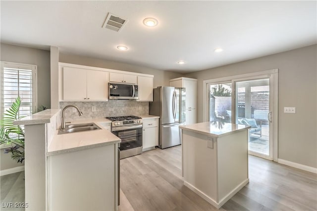 kitchen with stainless steel appliances, sink, white cabinets, and kitchen peninsula