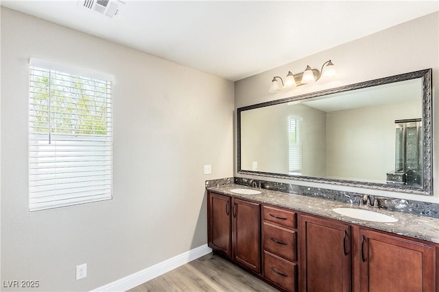 bathroom with wood-type flooring and vanity