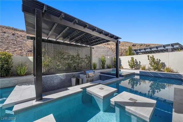 view of pool featuring area for grilling, a hot tub, and a pergola