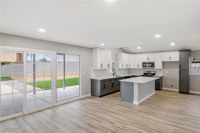 kitchen featuring appliances with stainless steel finishes, white cabinetry, sink, a center island, and light hardwood / wood-style flooring