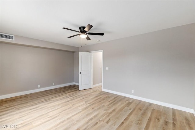 unfurnished bedroom featuring light wood-type flooring and ceiling fan