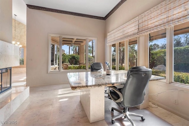 office with a notable chandelier and ornamental molding