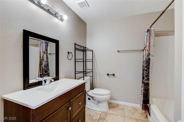 full bathroom with vanity, tile patterned flooring, shower / bath combination with curtain, and toilet