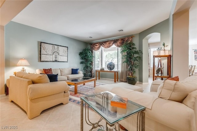 living room featuring light tile patterned floors