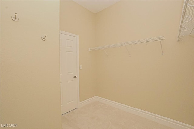 spacious closet featuring light colored carpet