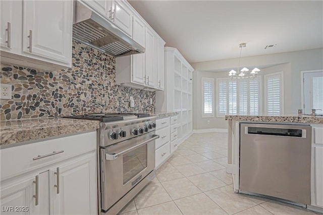 kitchen featuring appliances with stainless steel finishes, decorative light fixtures, ventilation hood, tasteful backsplash, and white cabinets