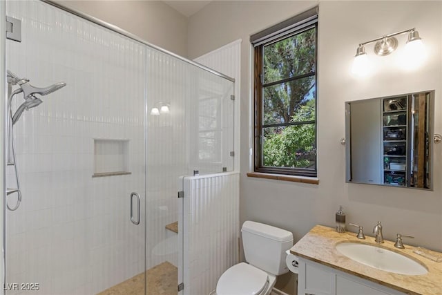 bathroom featuring vanity, an enclosed shower, and toilet