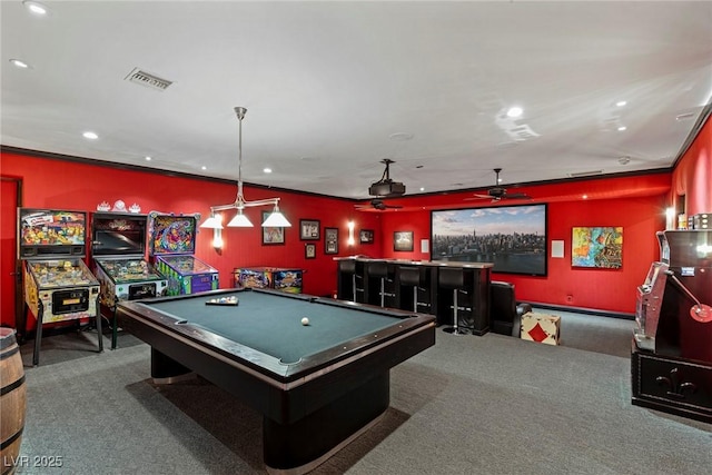 playroom featuring indoor bar, pool table, and dark carpet