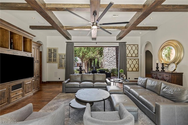 living room featuring dark hardwood / wood-style floors, coffered ceiling, and beam ceiling