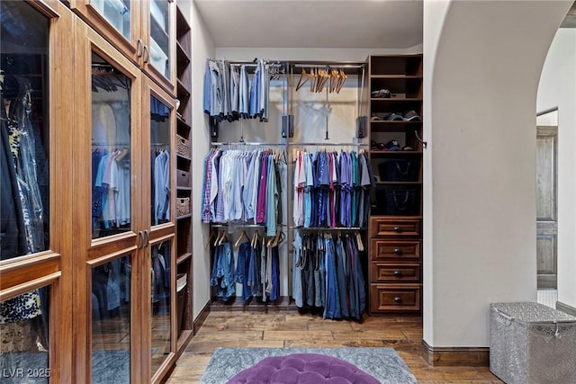 walk in closet with wood-type flooring