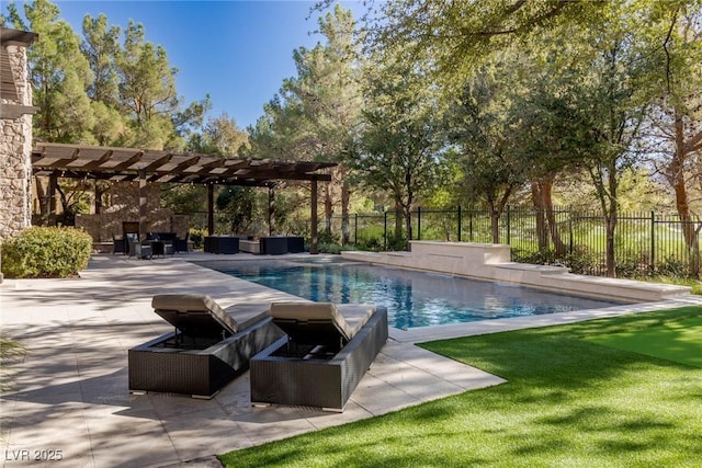 view of swimming pool featuring an outdoor living space, a pergola, and a patio area