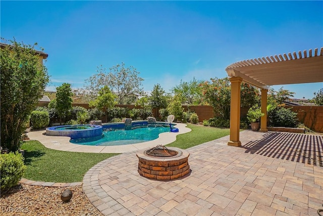 view of swimming pool featuring an in ground hot tub, a pergola, a patio area, and a fire pit