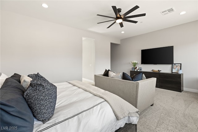 carpeted bedroom featuring ceiling fan