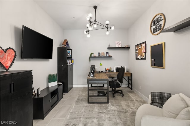 home office featuring a notable chandelier