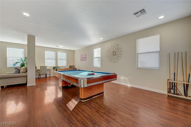 recreation room with pool table and dark hardwood / wood-style floors