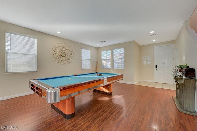 rec room featuring hardwood / wood-style flooring and billiards