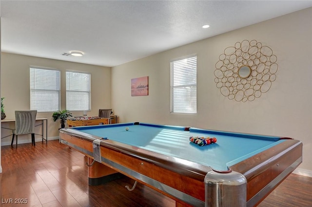 game room featuring dark wood-type flooring and billiards