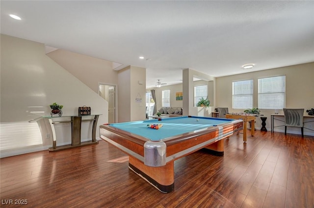 recreation room featuring wood-type flooring, billiards, and a healthy amount of sunlight