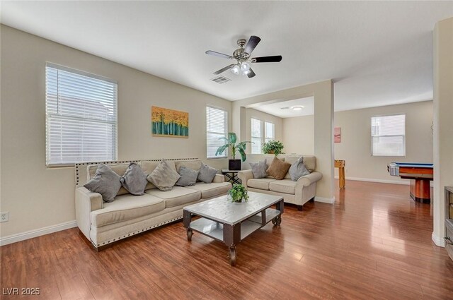 living room with hardwood / wood-style flooring, billiards, a healthy amount of sunlight, and ceiling fan