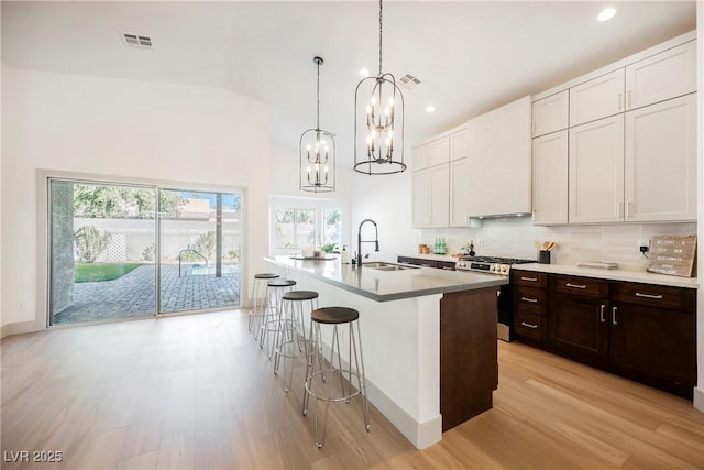 kitchen with white cabinets, a kitchen island with sink, sink, and stainless steel gas range oven