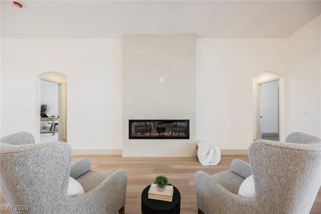 living room with wood-type flooring and a large fireplace