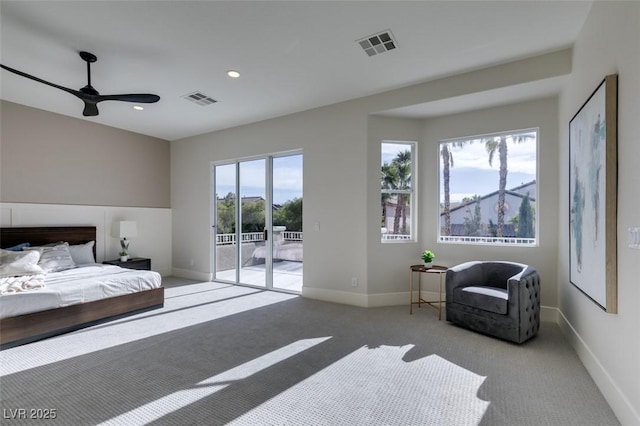 carpeted bedroom featuring access to outside and ceiling fan