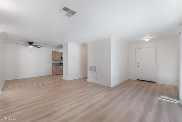 unfurnished living room featuring crown molding, ceiling fan, and light hardwood / wood-style flooring