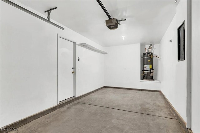 garage with secured water heater and a garage door opener