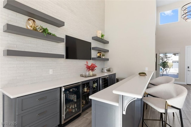 bar featuring tasteful backsplash, gray cabinets, and beverage cooler