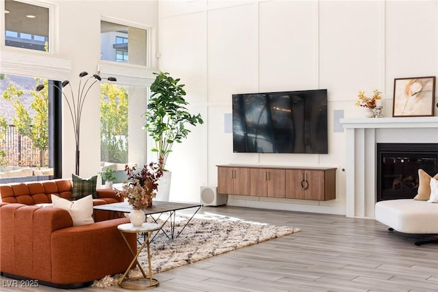 living room featuring a towering ceiling and light hardwood / wood-style floors