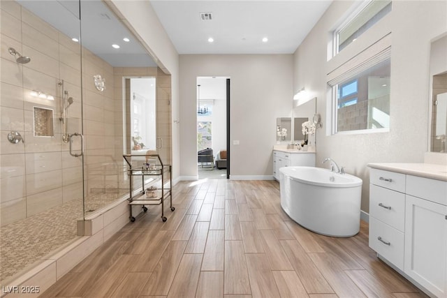 bathroom with shower with separate bathtub and vanity